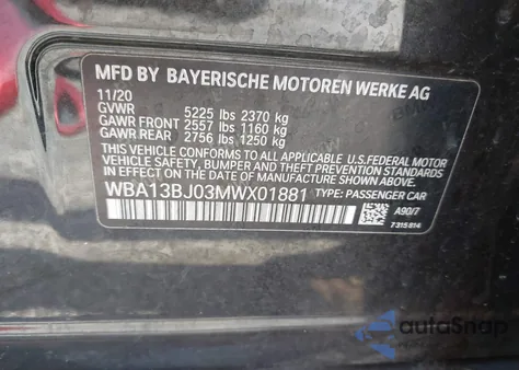 2021 BMW 530I xDrive z USA, uszkodzony, nr VIN WBA13BJ03MWX01881